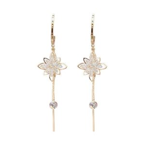 Cubic Zircon Flower Long Tassel Earrings
